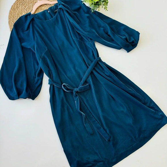 Ann Taylor Velvet Belted Shift Dress Dark Teal Blue Size 4P - Picture 5 of 15